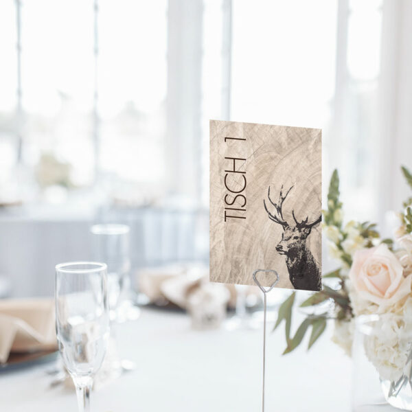 Nachhaltige Tischnummer zur Hochzeit "Hirsch"