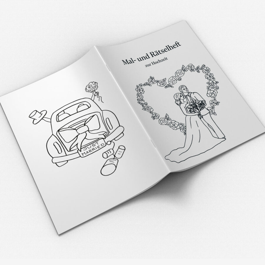 Malbuch und Rätselheft als Gastgeschenk für die Kinder auf der Hochzeit
