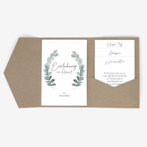 Nachhaltige Pocketfold Hochzeitseinladung im Eukalyptus Design